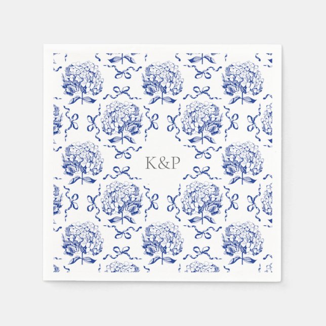 Preppy Blue Toile Hydrangea Bow med Namn Pappersservett (Framsidan)