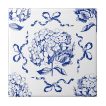 Preppy Blue Toile Hydrangea Bow Seamless Mönster