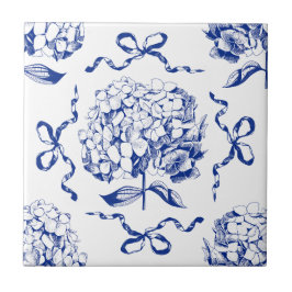 Preppy Blue Toile Hydrangea Bow Seamless Mönster Kakelplatta