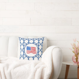 Preppy Blue Trellis Bamboo Mönster American Flagga Kudde