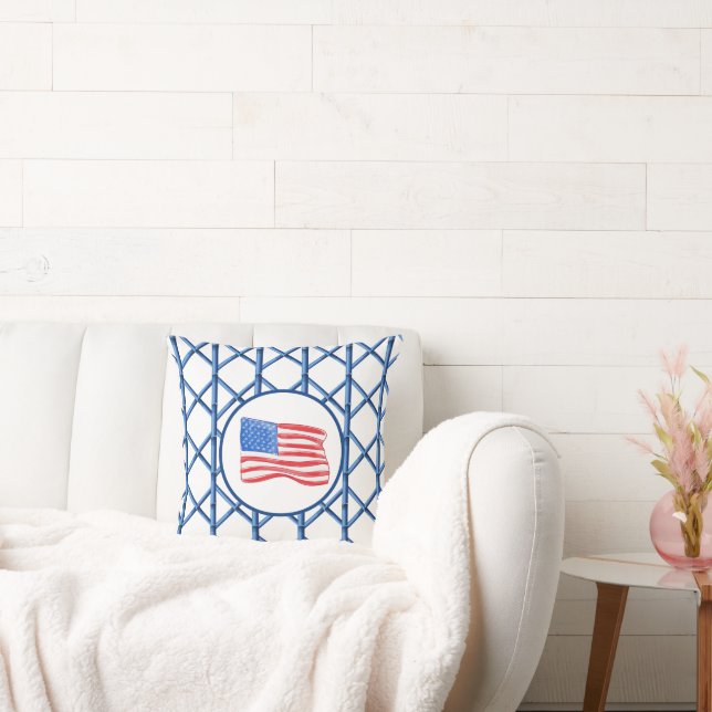 Preppy Blue Trellis Bamboo Mönster American Flagga Kudde (Soffa)