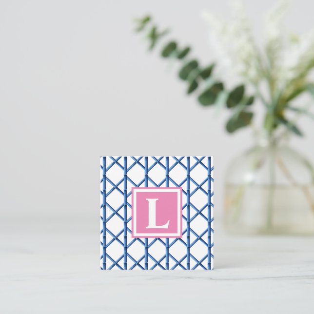 Preppy Blue Trellis Bamboo Mönster Monogram Anteckningskort (Stående Fram)