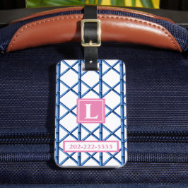 Preppy Blue Trellis Bamboo Mönster Monogram Bagagebricka