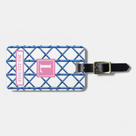 Preppy Blue Trellis Bamboo Mönster Monogram Bagagebricka