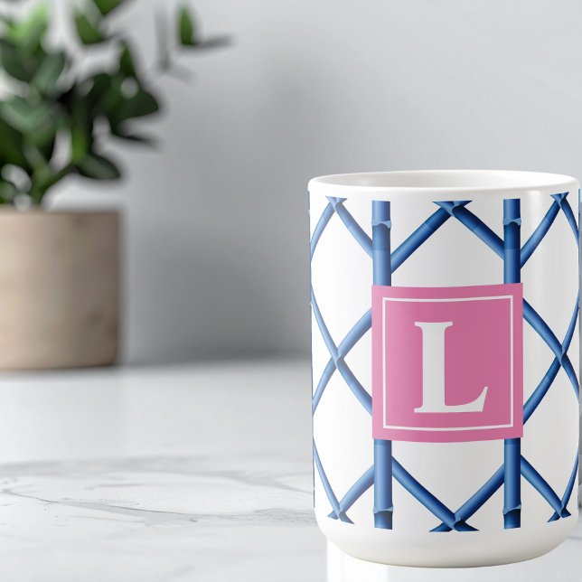 Preppy Blue Trellis Bamboo Mönster Monogram Kaffemugg (Skapare uppladdad)