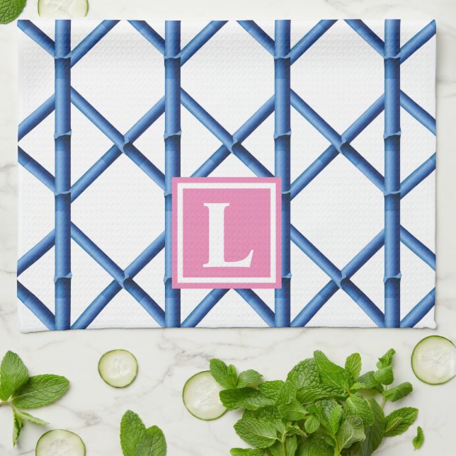 Preppy Blue Trellis Bamboo Mönster Monogram Kökshandduk (Vikta)