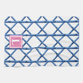 Preppy Blue Trellis Bamboo Mönster Monogram Kökshandduk