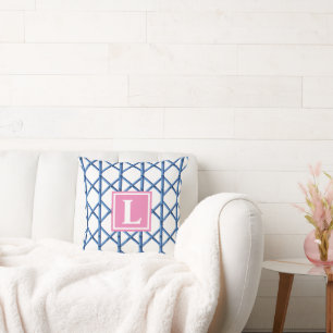 Preppy Blue Trellis Bamboo Mönster Monogram Kudde