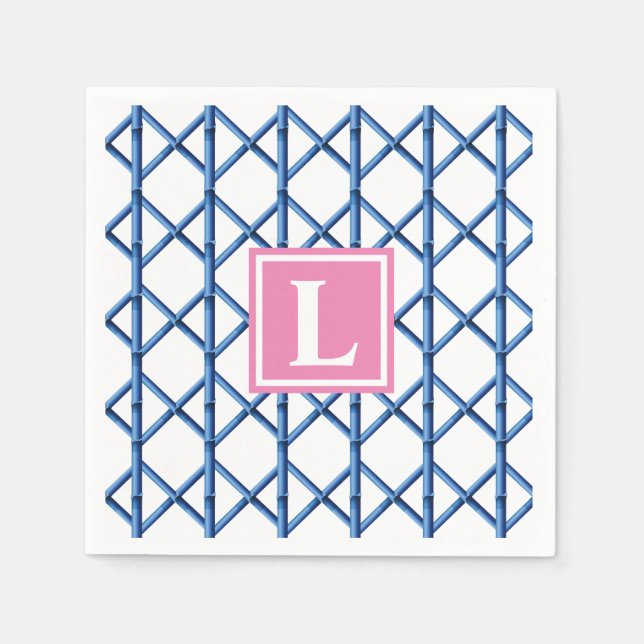 Preppy Blue Trellis Bamboo Mönster Monogram Pappersservett (Framsidan)