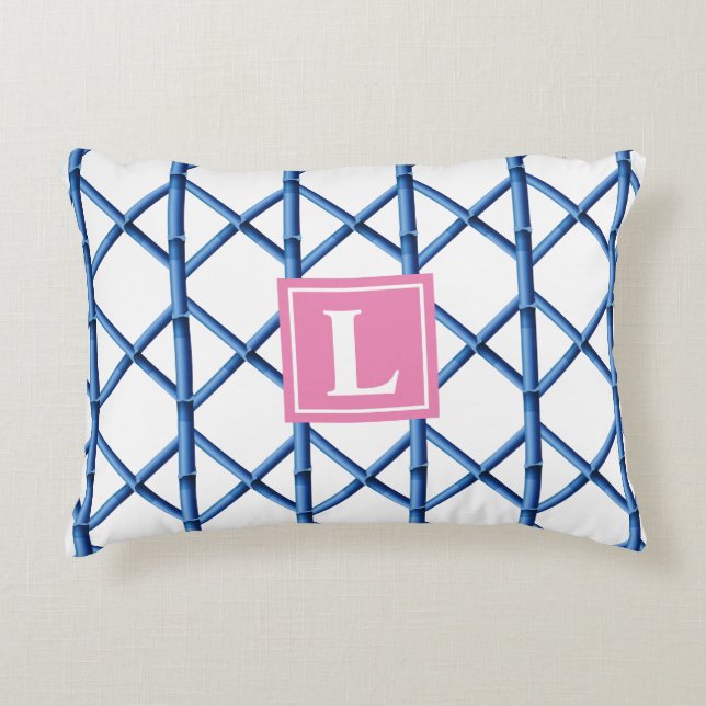 Preppy Blue Trellis Bamboo Mönster Monogram Prydnadskudde (Framsidan)
