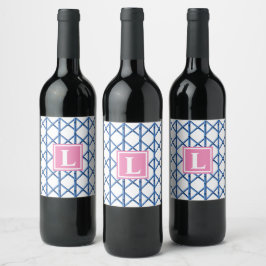 Preppy Blue Trellis Bamboo Mönster Monogram Vinflaska Etikett