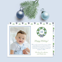 Preppy Blue White Boxwood Wandean Monogram Photo Julkort