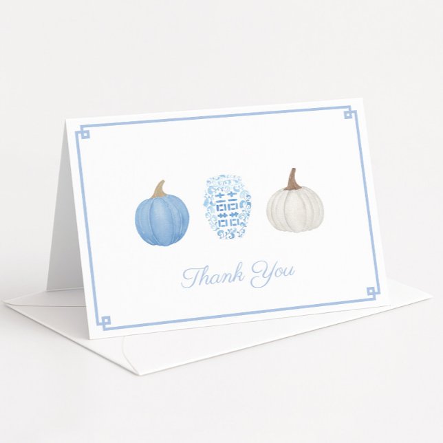 Preppy Blue White Chinoiserie Pumpkins Baby Shower Tack Kort (Preppy blue and white watercolor pumpkins thank you card design with ginger jar)