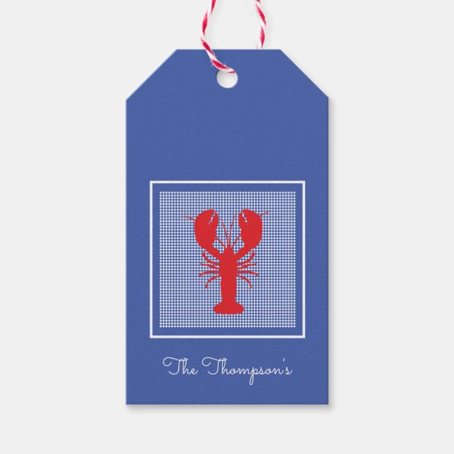 Preppy Blue White Gingham Red Lobster Designer Presentetikett (Framsidan)