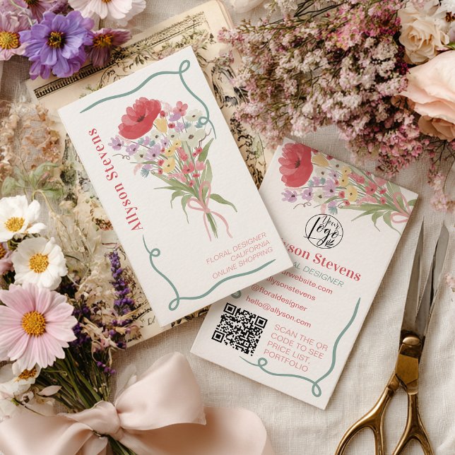 Preppy boho blomster vattenfärg blomsterlogo qr visitkort (Preppy boho floral watercolor florist logo qr business card)