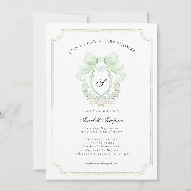 Preppy Botanical Green Bow Monogram Baby Shower   Inbjudningar (Framsida)