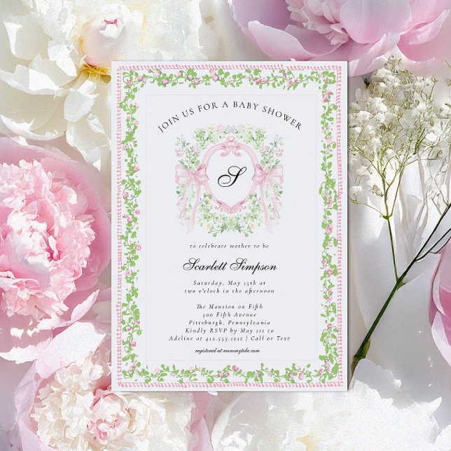 Preppy Botanical Pink Bow Monogram Baby Shower   Inbjudningar (Botanical Crest Monogram Pink Bow Preppy Girl Baby Shower Invitation
)