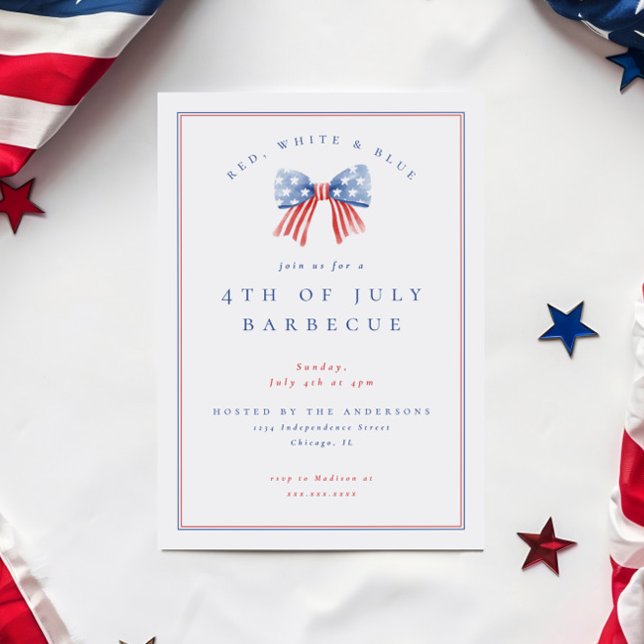 Preppy Bow 4:e juli Independence Party BBQ Inbjudningar (Preppy sophisticated 4th of july bbq invitation featuring a watercolor bow with the american flag)