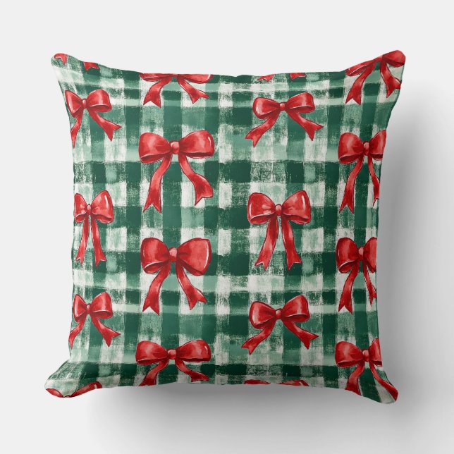 Preppy Bow Green Plaid Christmas Kudde (Framsida)
