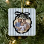 Preppy Bow Ram Indigo Photo<br><div class="desc">Festive Preppy Indigo Ice Blue Rand Mönster med Black Ribbon Bow Photo Ram, julprydnad.</div>