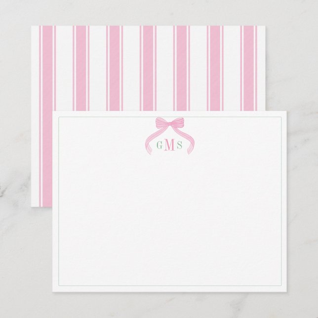 Preppy Bow Rosa Och Grön Trebokstavsmonogram Tack Kort (Fram/baksida)