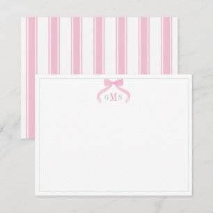 Preppy Bow Rosa Och Grön Trebokstavsmonogram Tack Kort