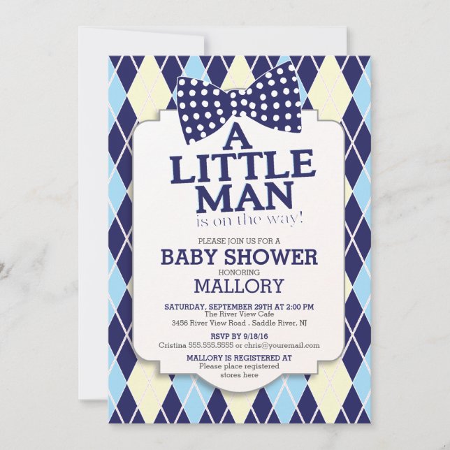 Preppy Bow Tie Argyle Little Man Boys Baby Shower Inbjudningar (Framsida)