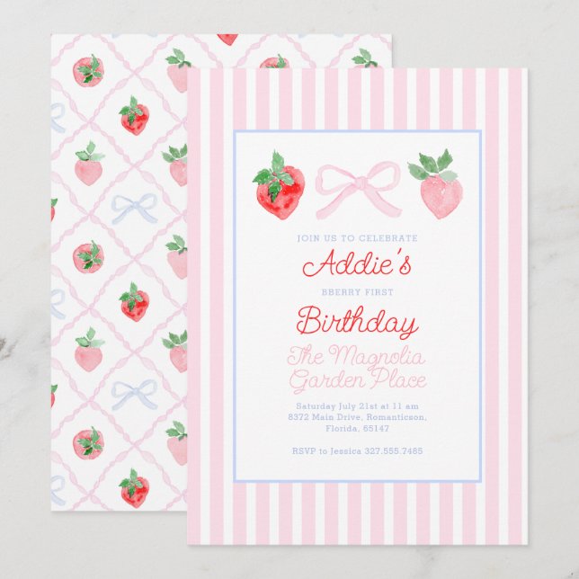 Preppy Bows & Strawbär Berry First Birthday Inbjudningar (Fram/baksida)