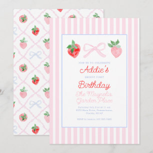 Preppy Bows & Strawbär Berry First Birthday Inbjudningar