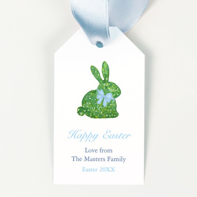 Preppy Boxwood Bunny Blue Bow Glad påsk Presentetikett (Preppy Boxwood Bunny with powder blue boy baby shower favor tags or Happy Easter gift tags)