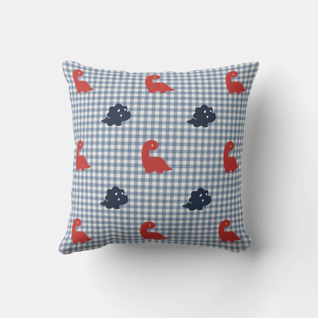 Preppy Boys Dinosaur Gingham Navy, Red & Blue Kudde (Baksida)