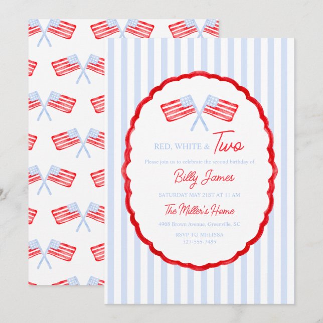Preppy Boys Red White & Two Patriotic Birthday Inbjudningar (Fram/baksida)