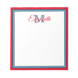 Preppy Bright Red and Marine Blue Monogram Anteckningsblock