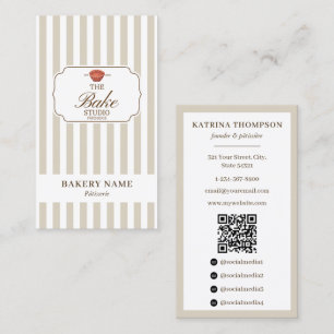 Preppy Brown & Beige Ränder Bageri Logotyp QR-kod Visitkort