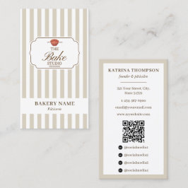 Preppy Brown & Beige Stripes Bakery Logo QR Code Visitkort