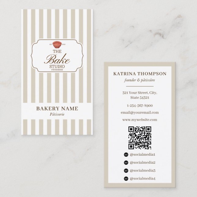 Preppy Brown & Beige Stripes Bakery Logo QR Code Visitkort (Fram/baksida)