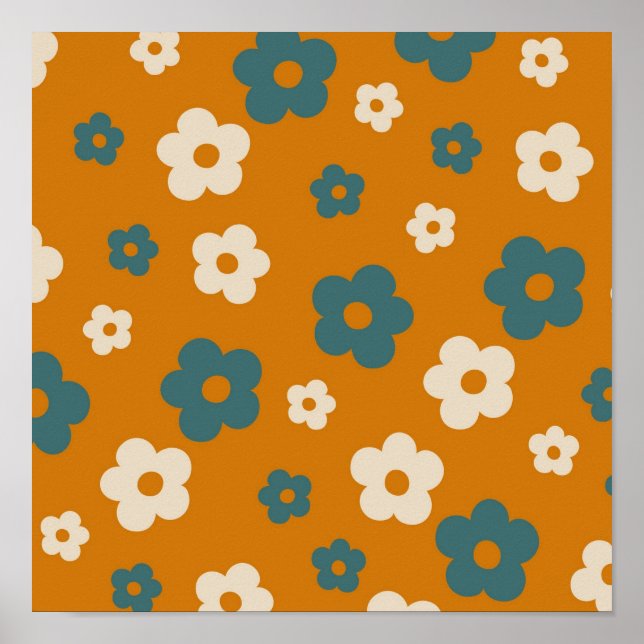Preppy Brown Blue Hippie Flower Mönster Poster (Framsidan)