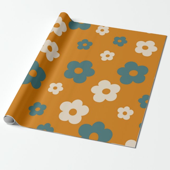 Preppy Brown Blue Hippie Flower Mönster Presentpapper (Utrullad)