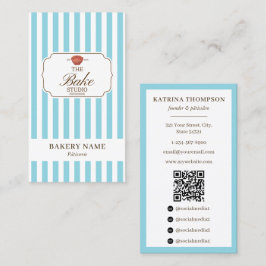 Preppy Brown & Blue Stripes Bageri Logotyp QR-kod Visitkort