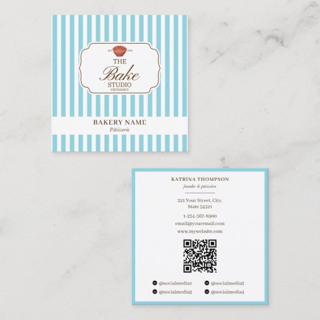 Preppy Brown & Blue Stripes Bakery Logo QR Code Fyrkantigt Visitkort (Fram/baksida)