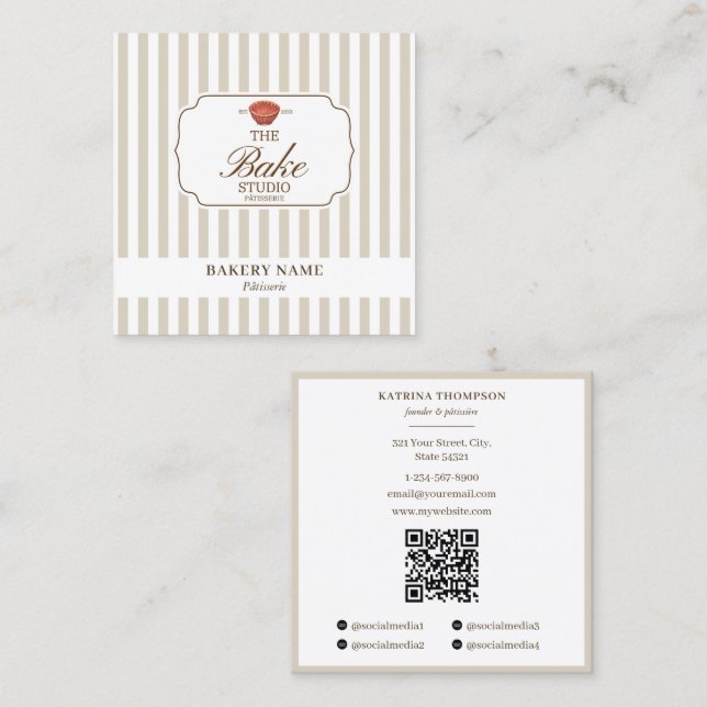 Preppy Brun & Beige Randig Bageri Logotyp QR-kod Fyrkantigt Visitkort (Fram/baksida)