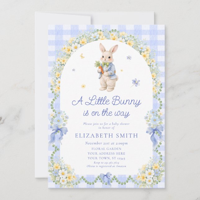 Preppy Bunny Floral Rabbit Gingham Boy Baby Shower Inbjudningar (Framsida)