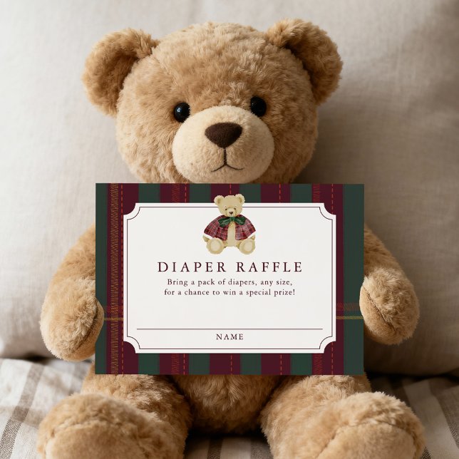 Preppy Burgundy Plaid Teddy Bear Diaper Raffle Tilläggskort (Skapare uppladdad)
