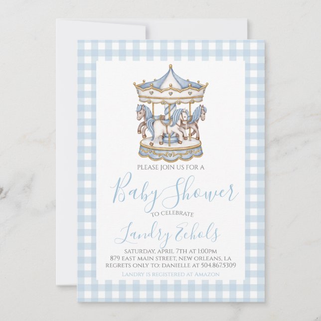 Preppy Carousel Blue Boy Baby Shower Inbjudningar (Framsida)