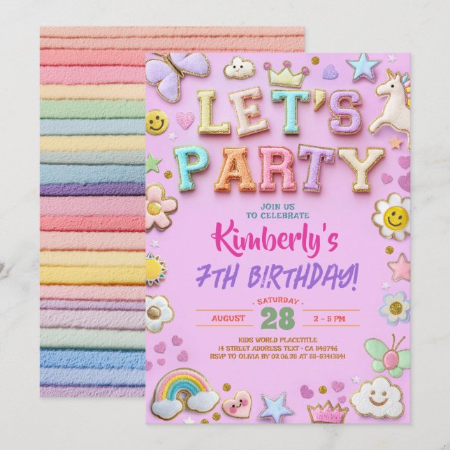 Preppy Chenille Patch Brev Stickers Birthday Inbjudningar (Fram/baksida)