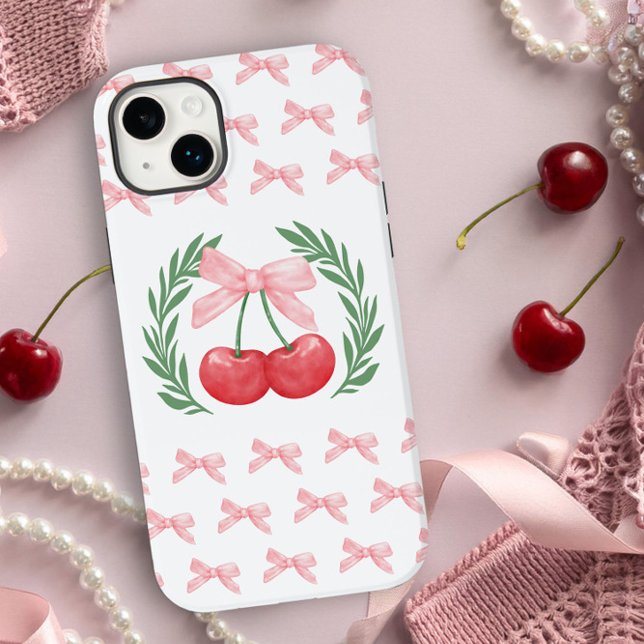 Preppy Cherries Rosa Bows and Laurel Wand Logotyp (iphone case with pink bows and cherry logo by Darling and May)