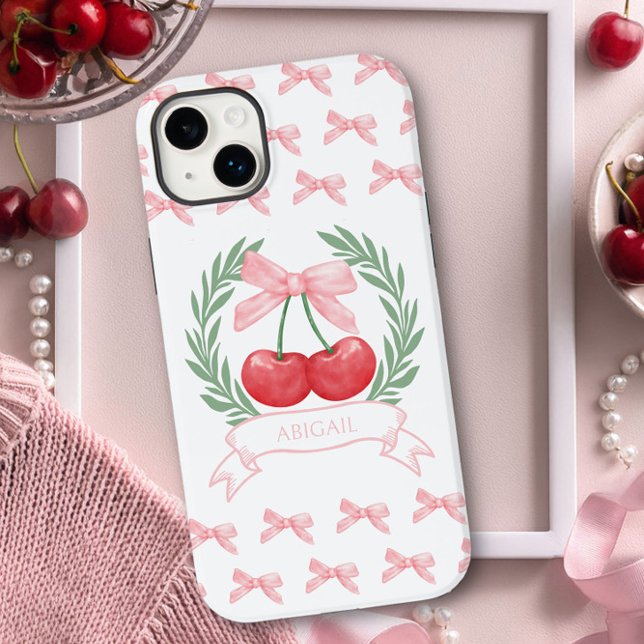 Preppy Cherries Rosa Bows Laurel Wand Logotyp Namn (Personalized iphone case with pink bows and cherry logo by Darling and May)