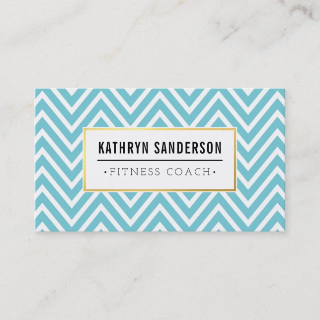 PREPPY CHEVRON mönster guld logotyp emblem aqua bl Visitkort (Framsida)