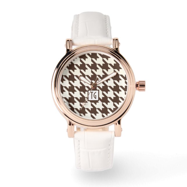 Preppy Chic Houndstooth Brown Monogram Armbandsur (Framsida)