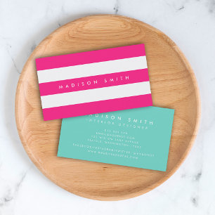 Preppy Chic Rosa and White Rand med turkos Visitkort